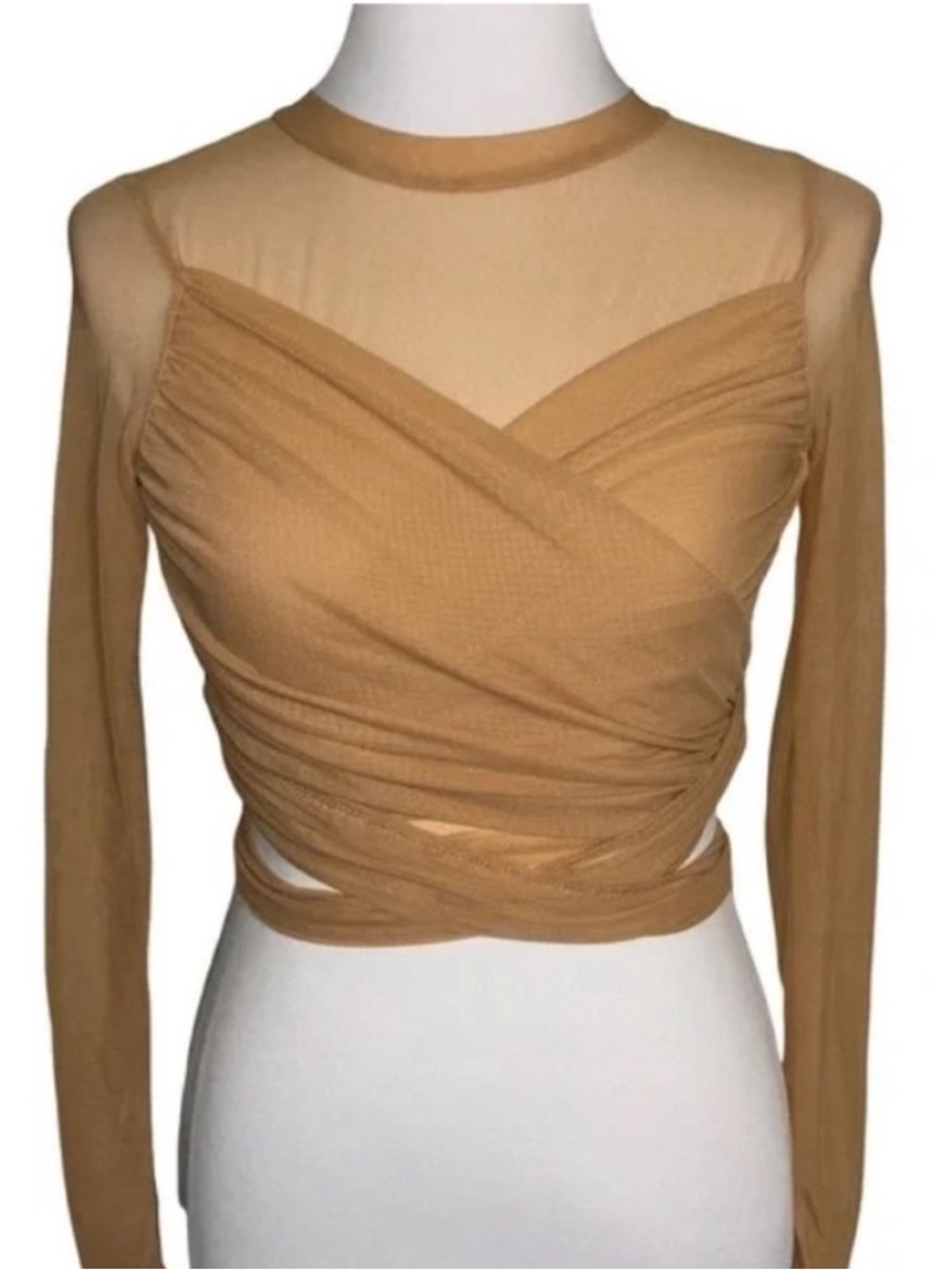 12TH TRIBE Sheer Mesh Wrap Blouse with elegant Drape Tan Size Small